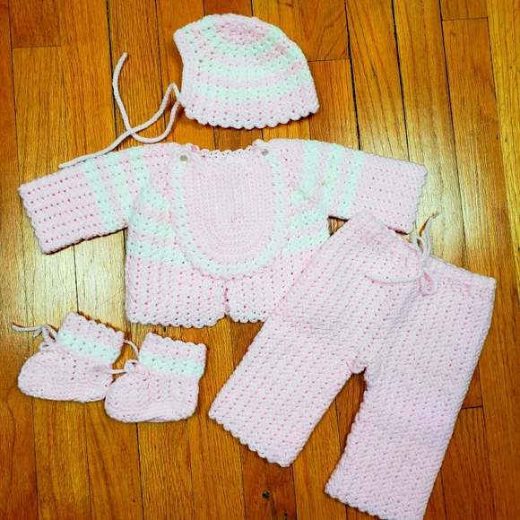 Handmade Other - Crotcheted 5 Piece Pink Baby Girl Outfit NWOT